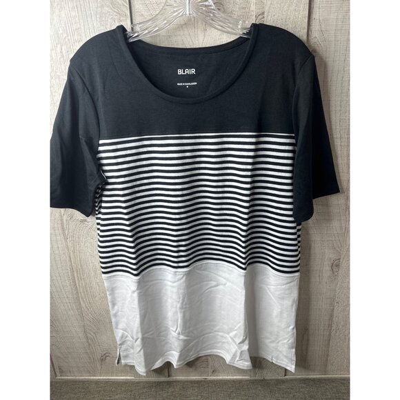 Blair Womens Size Medium Black & White Striped Colorblock Short-Sleeve Top - Picture 1 of 7